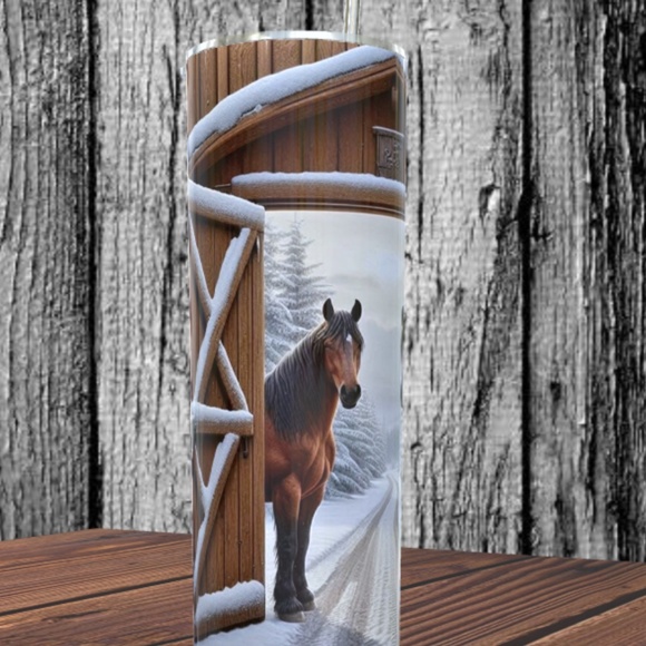 Horses with Winter Scene and Barn 20 oz Skinny Tumbler - Picture 5 of 5